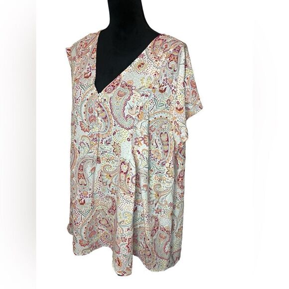 NWT CYNTHIA ROWLEY WOMENS PAISLEY V-NECK SHORT SLEEVE SUMMER BLOUSE SIZE 3XL - Picture 6 of 10